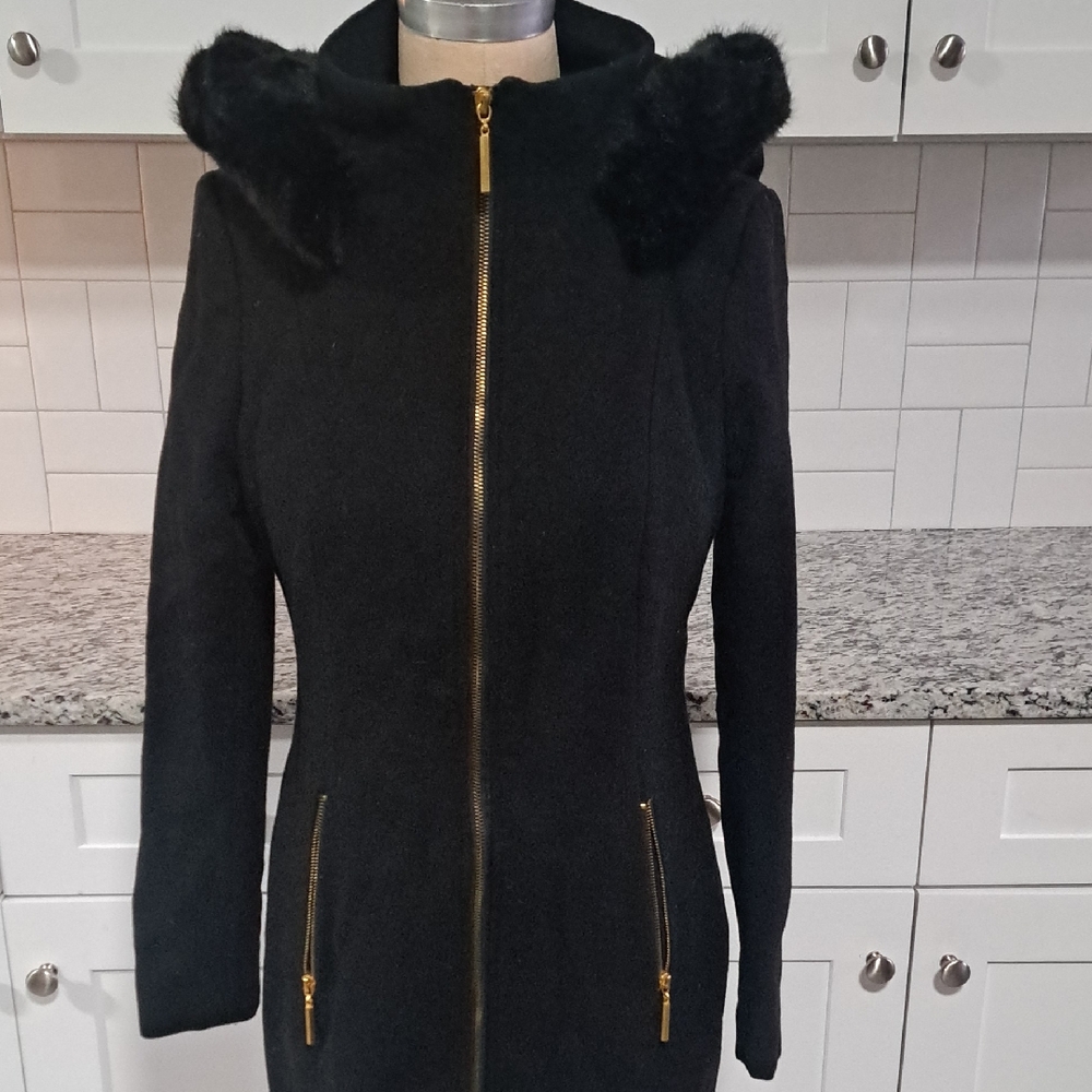 Tahari Black Coat with Fur Trim and Gold Accents